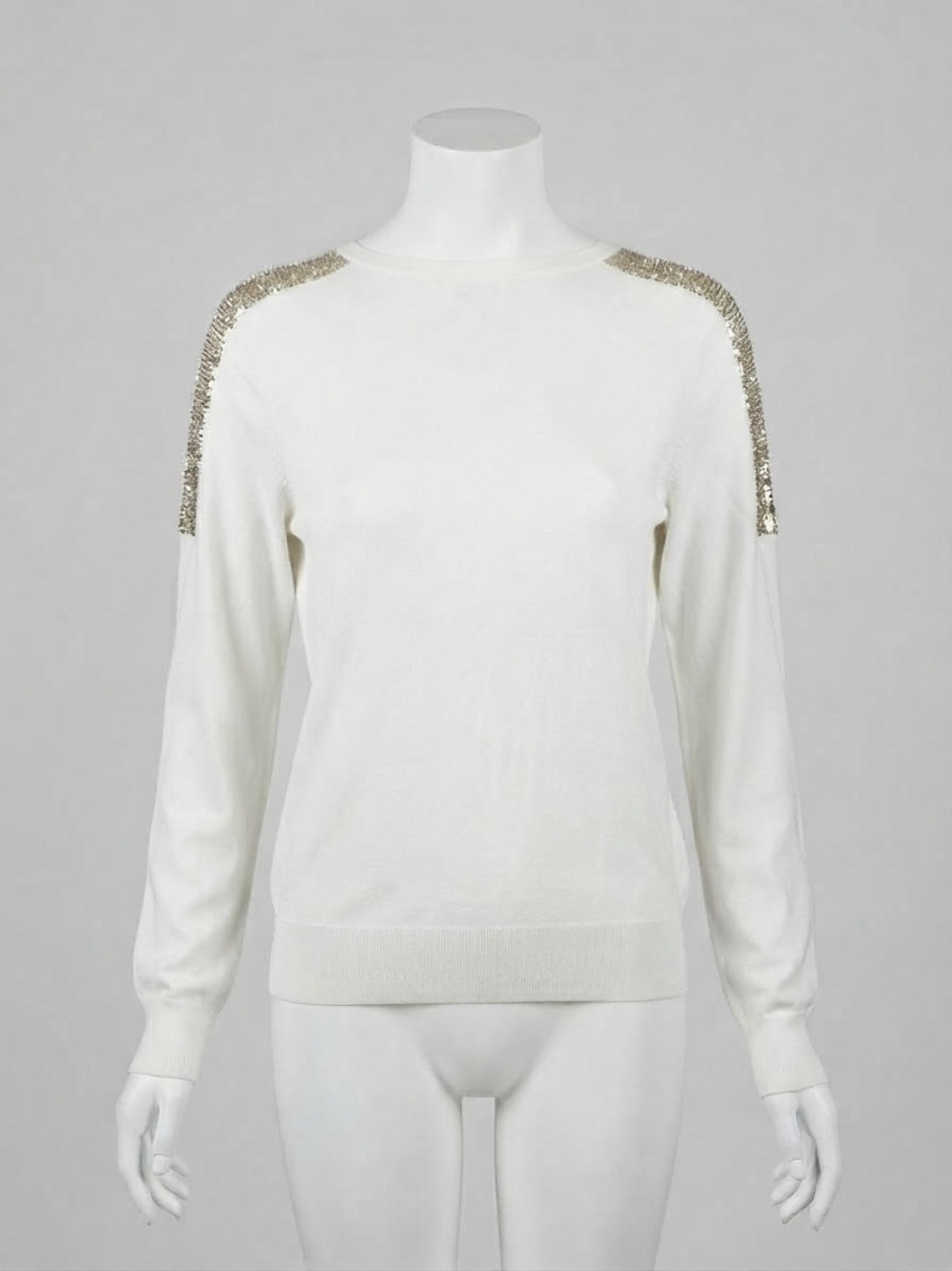White Crewneck Sweater with Gold Sequin Shoulder Trim